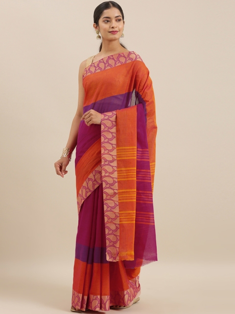 

The Chennai Silks Orange & Purple Pure Cotton Striped Chettinad Saree