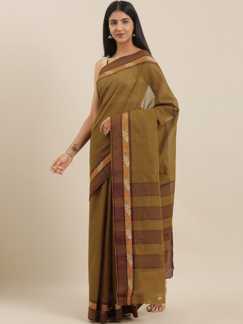 

The Chennai Silks Brown Pure Cotton Striped Chettinad Saree