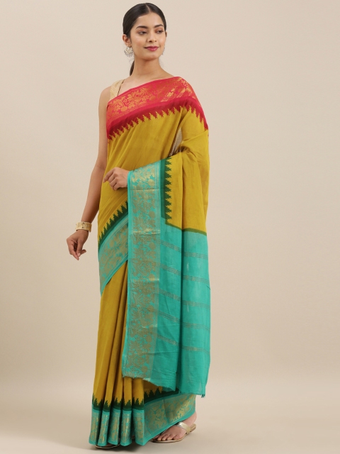 

The Chennai Silks Mustard Yellow & Red Pure Cotton Solid Sungudi Saree