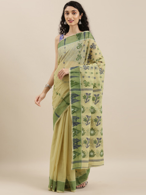 

The Chennai Silks Classicate Beige & Green Pure Cotton Woven Design Taant Saree