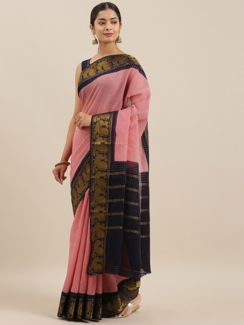 

The Chennai Silks Pink & Gold-Toned Pure Cotton Checked Madurai Sungudi Saree