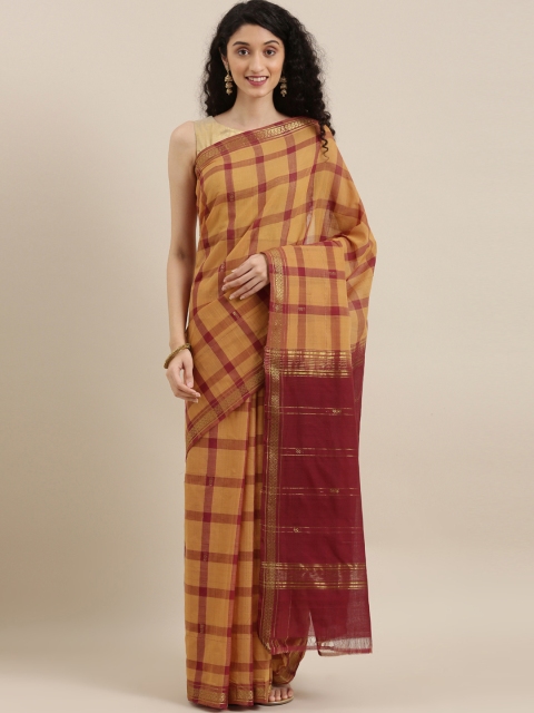 

The Chennai Silks Classicate Mustard Yellow & Maroon Pure Cotton Checked Saree