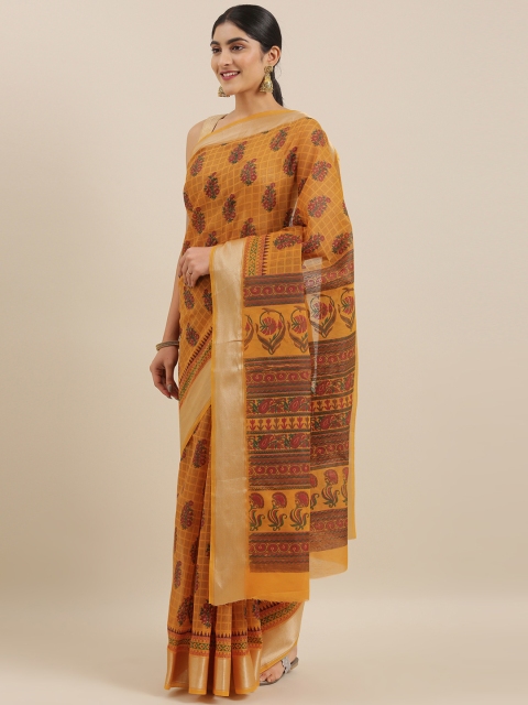 

The Chennai Silks Classicate Mustard Yellow & Maroon Pure Cotton Printed Saree