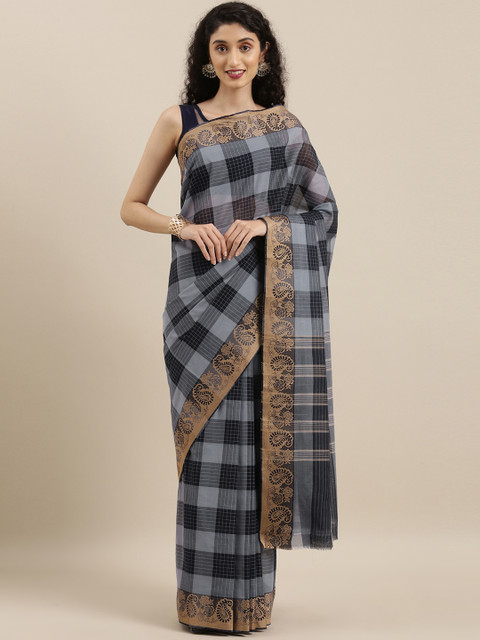 

The Chennai Silks Grey & Black Pure Cotton Checked Chettinad Saree