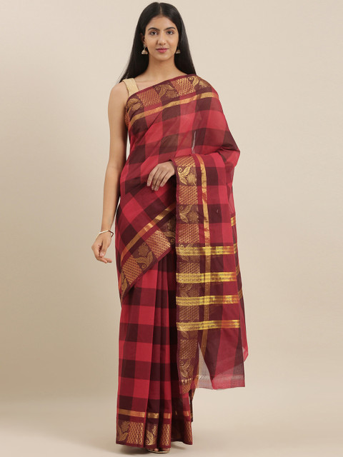 

The Chennai Silks Red & Brown Pure Cotton Checked Chettinad Saree