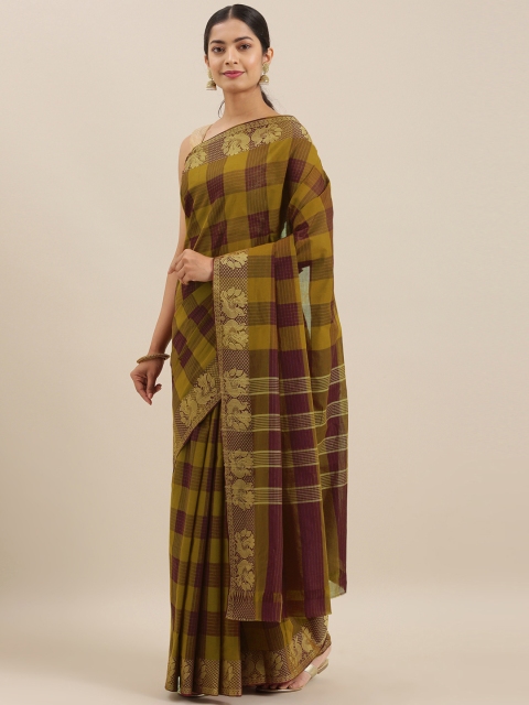 

The Chennai Silks Classicate Olive Green & Brown Pure Cotton Checked Chettinad Saree