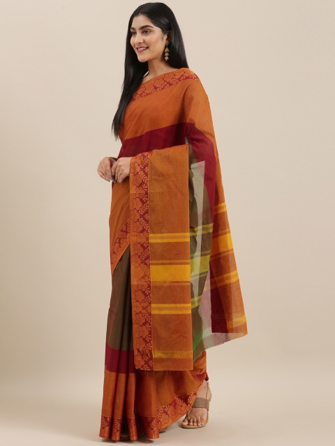 

The Chennai Silks Olive Green & Rust Brown Pure Cotton Colourblocked Chettinad Saree