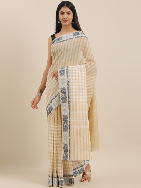 

The Chennai Silks Beige & White Pure Cotton Striped Chettinad Saree