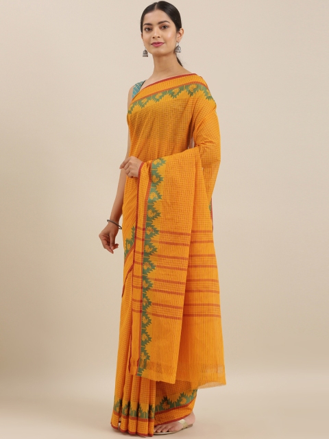 

The Chennai Silks Classicate Mustard Yellow & Maroon Pure Cotton Checked Chettinad Saree