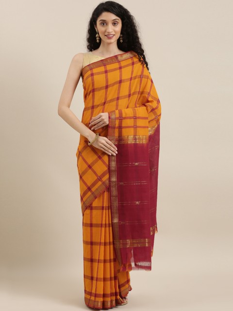 

The Chennai Silks Classicate Mustard Yellow & Maroon Pure Cotton Checked Saree