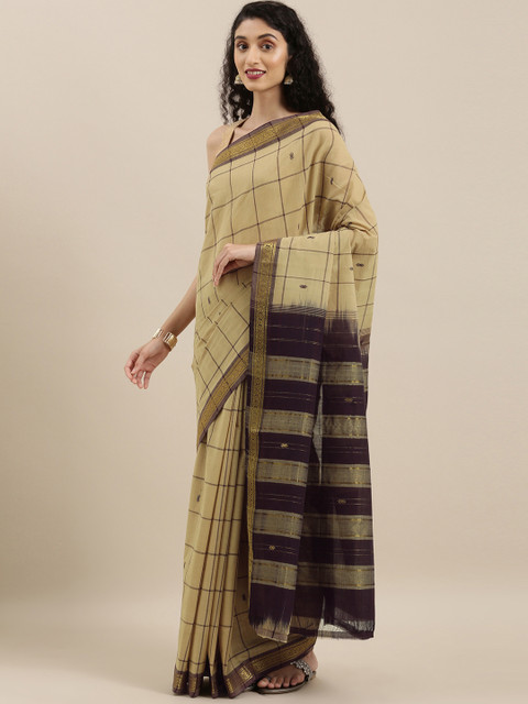 

The Chennai Silks Classicate Beige & Brown Pure Cotton Checked Saree