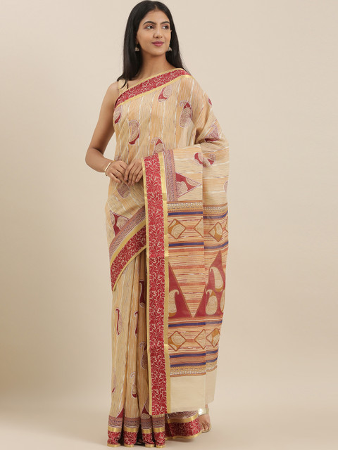 

The Chennai Silks Classicate Beige & Maroon Pure Cotton Printed Saree