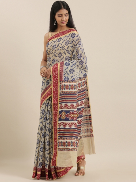 

The Chennai Silks Classicate Beige & Navy Blue Pure Cotton Printed Saree