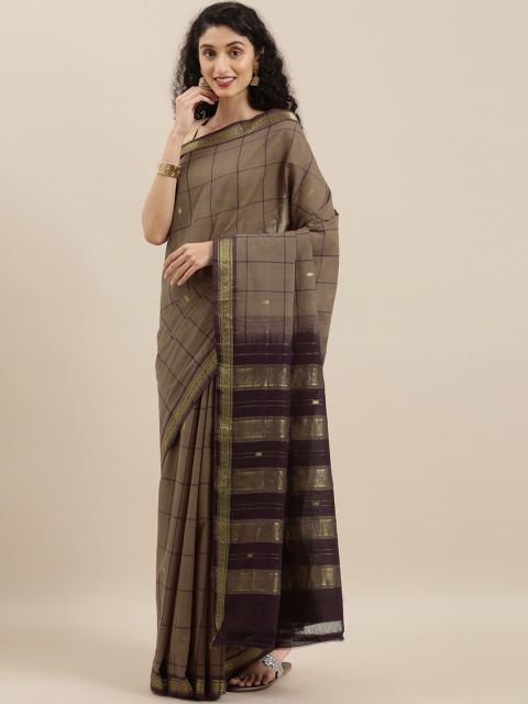 

The Chennai Silks Classicate Brown & Golden Pure Cotton Checked Saree