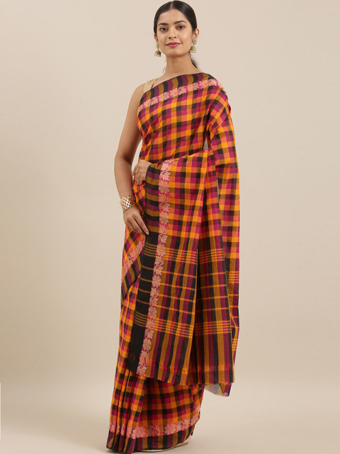 

The Chennai Silks Mustard Yellow & Purple Pure Cotton Checked Chettinad Saree