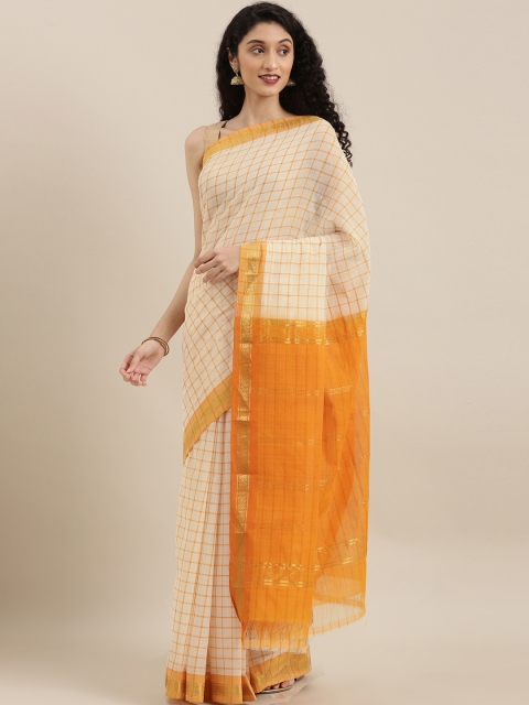 

The Chennai Silks White & Orange Pure Cotton Checked Saree