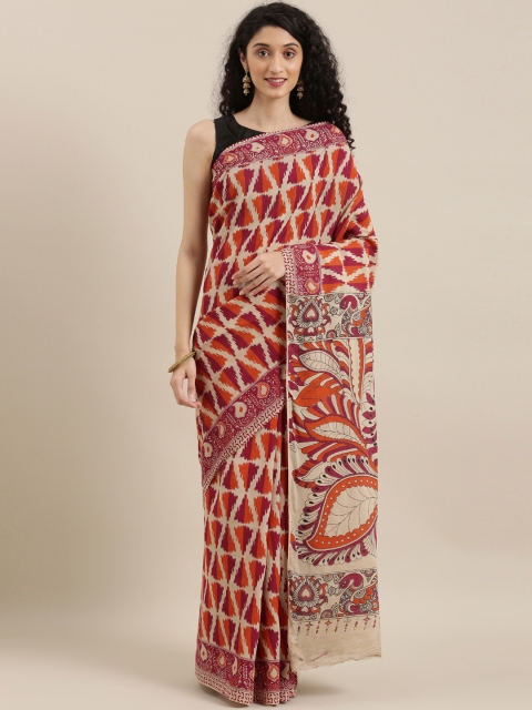 

The Chennai Silks Classicate Beige & Maroon Pure Cotton Kalamkari Printed Saree