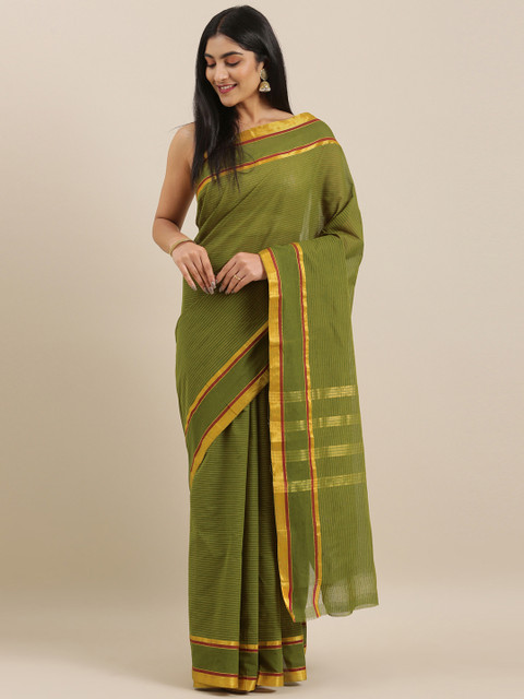 

The Chennai Silks Olive Green Pure Cotton Striped Chettinad Saree