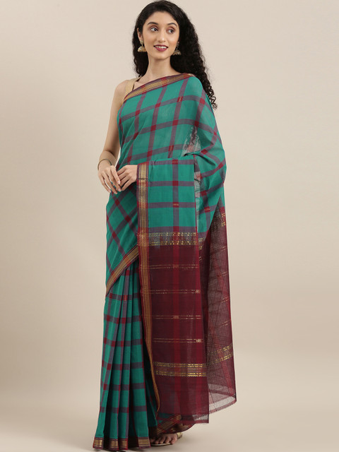 

The Chennai Silks Teal Blue & Maroon Pure Cotton Checked Saree