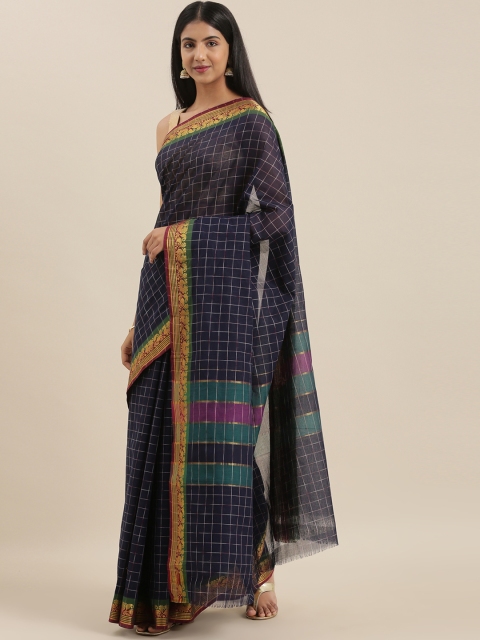 

The Chennai Silks Navy Blue & White Pure Cotton Checked Chettinad Saree