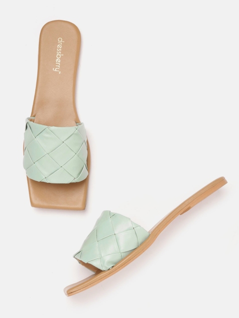 

DressBerry Women Green Basketweave Open Toe Flats