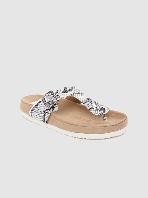 

DressBerry Women Off-White & Black Snakeskin Print T-Strap Flats with Buckles