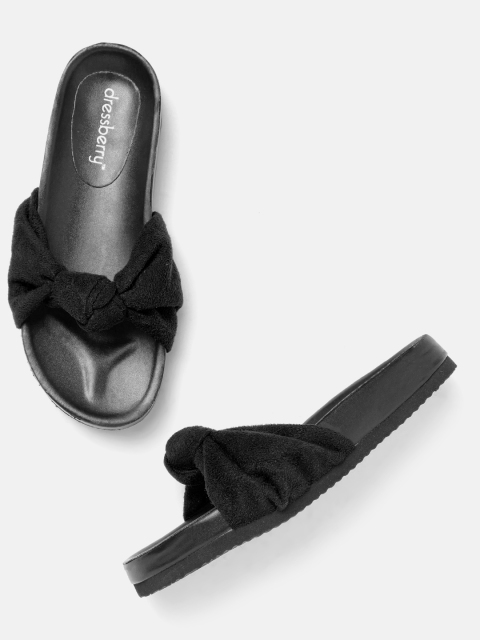 

DressBerry Women Black Solid Open Toe Flats with Knot Detail