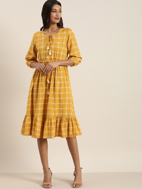 

all about you Women Mustard Yellow & White Checked A-Line Dress