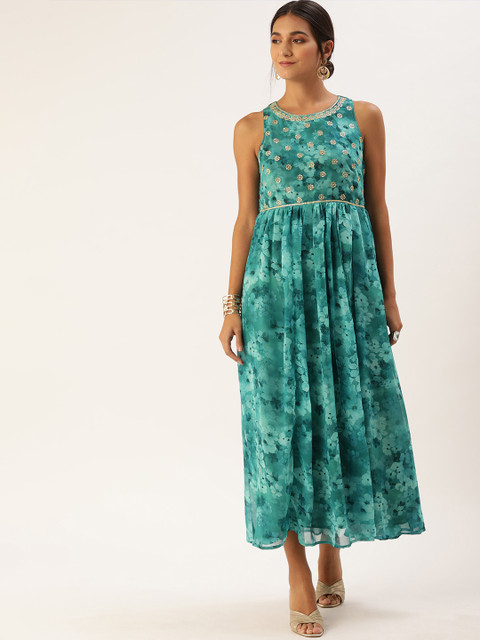 

all about you Green & Beige Embroidered Floral A-Line Midi Dress