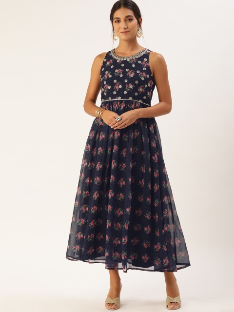 

all about you Navy Blue & Pink Ethnic Motifs Printed A-Line Embroidered Midi Dress