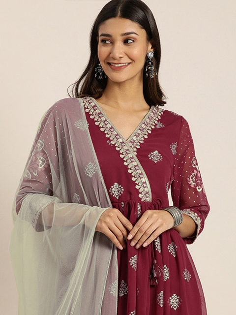 

all about you Women Maroon & Grey Embroidered Wrap Dress With Dupatta