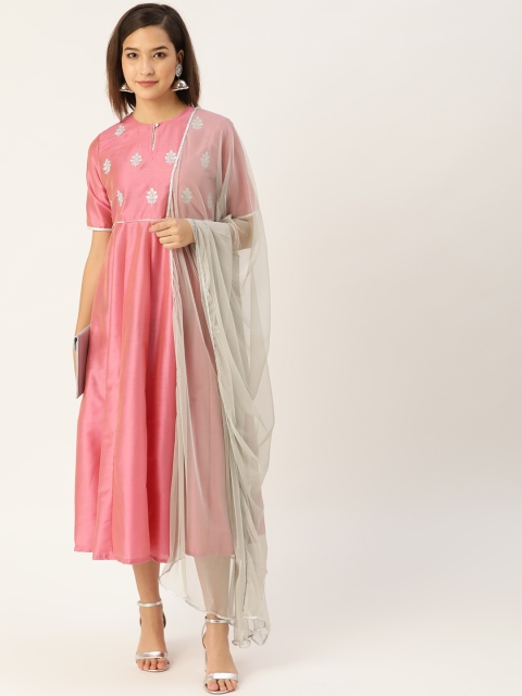 

all about you Pink & Silver Yoke Embroidered Keyhole Neck Midi Anarkali Dress With Dupatta