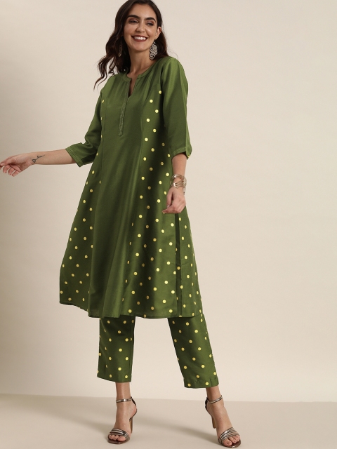 

all about you Women Olive Green & Yellow Printed Kurta with Trousers