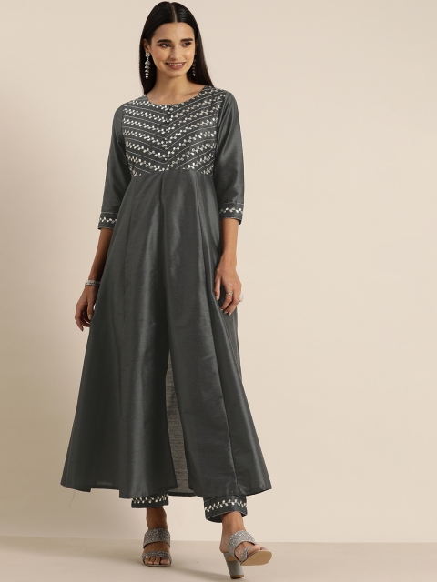 

all about you Women Charcoal Grey Embroidered Kurta with Trousers