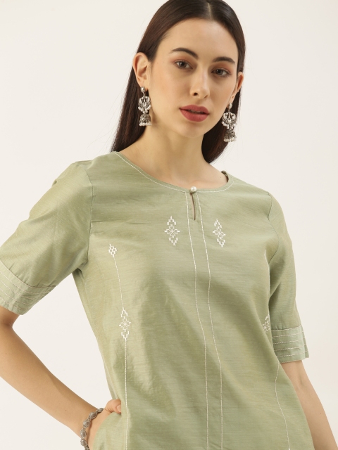 

all about you Women Green Kantha Work Kurta with Trousers