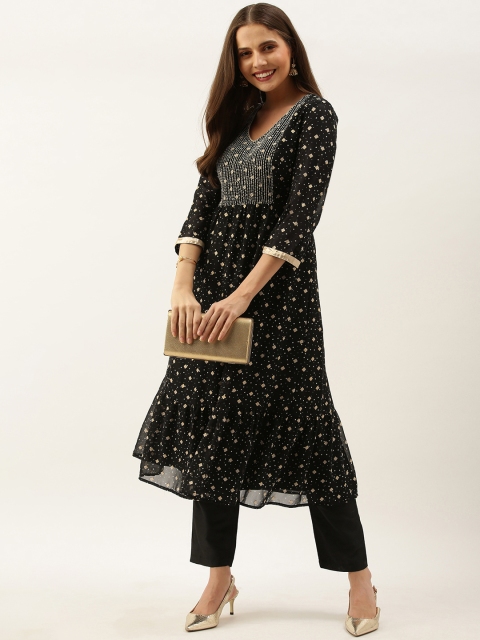 

all about you Women Black & Gold-Toned Printed Tiered A-Line Kurta With Trousers