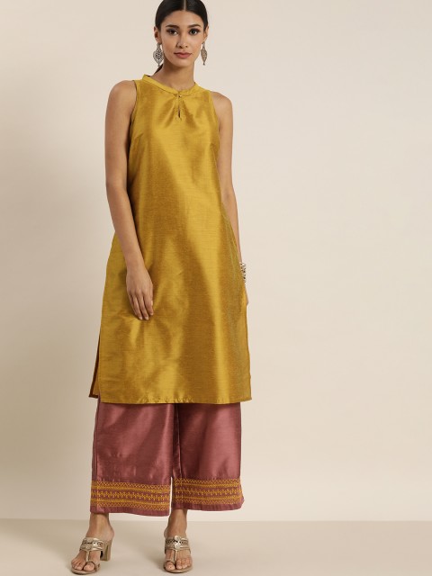 

all about you Women Mustard Yellow & Rust Pink Solid Kurta with Palazzos