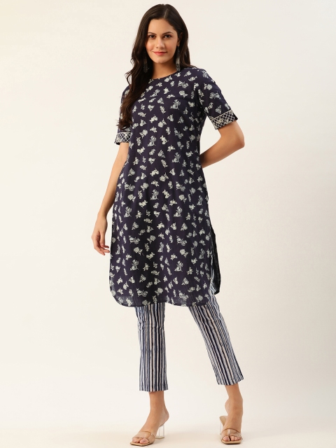 

all about you Women Navy Blue & Off-White Printed Kurta with Trousers
