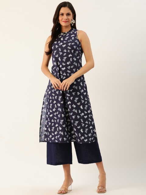 

all about you Women Navy Blue & Off-White Printed Kurta with Palazzos