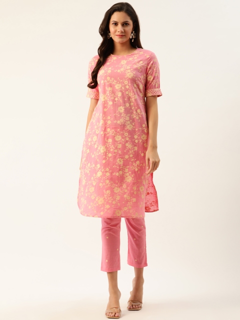 

all about you Women Pink & Yellow Printed Kurta with Trousers