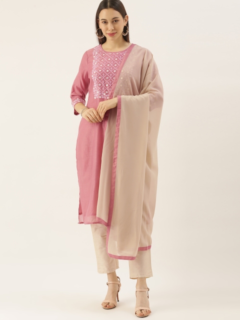 

all about you Women Pink Embroidered Mirror Work Kurta with Trousers & With Dupatta