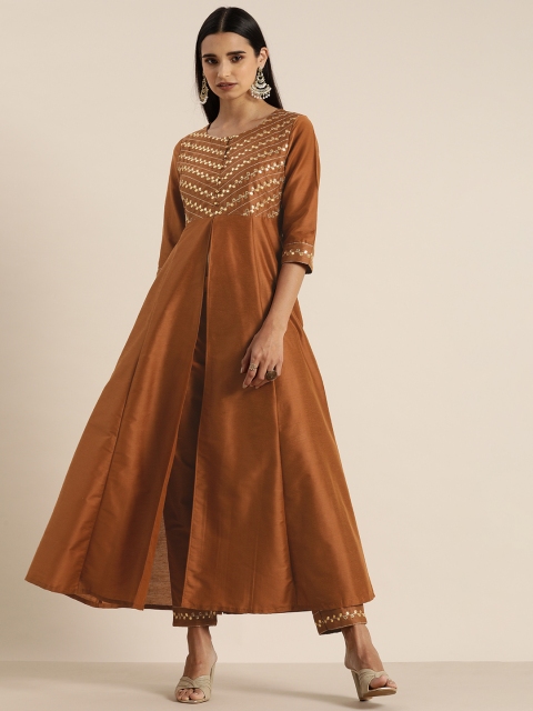 

all about you Women Brown Embroidered Kurta with Trousers