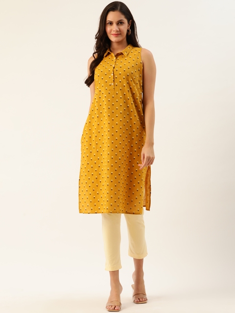 

all about you Women Mustard Yellow & White Floral Printed Straight Kurta