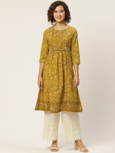 

all about you Women Olive Green & Coffee Brown Ethnic Motifs Cotton Printed A-Line Kurta