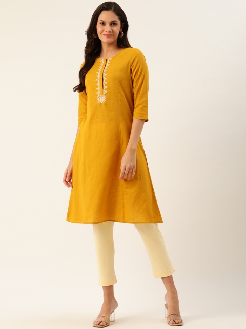 

all about you Women Mustard Yellow Solid Kurta With Neck Embroidery