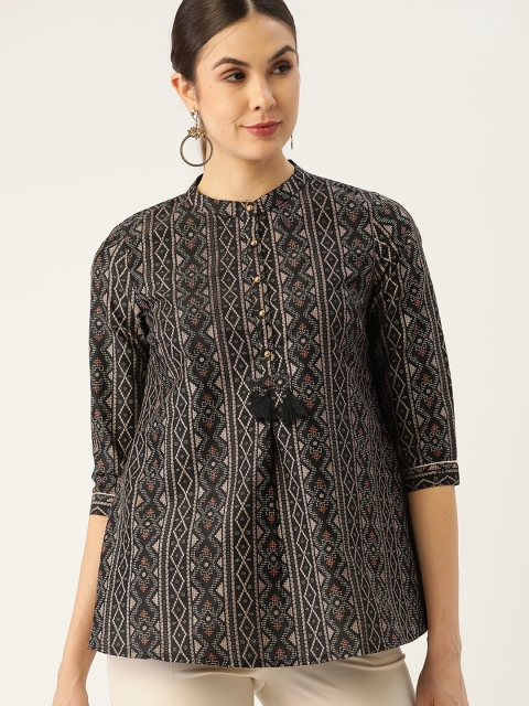

all about you Black & Beige Mandarin Collar Printed Tunic