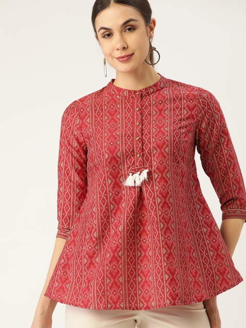 

all about you Red & Beige Mandarin Collar Printed Tunic