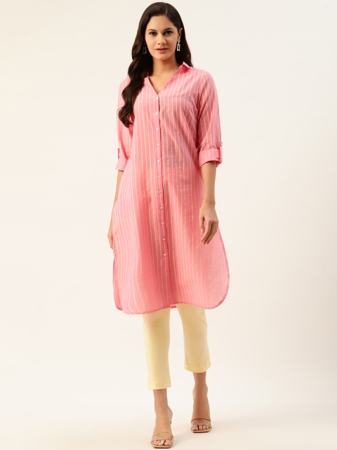 

all about you Women Pink & Yellow Striped Shawl Neck Pathani Kurta