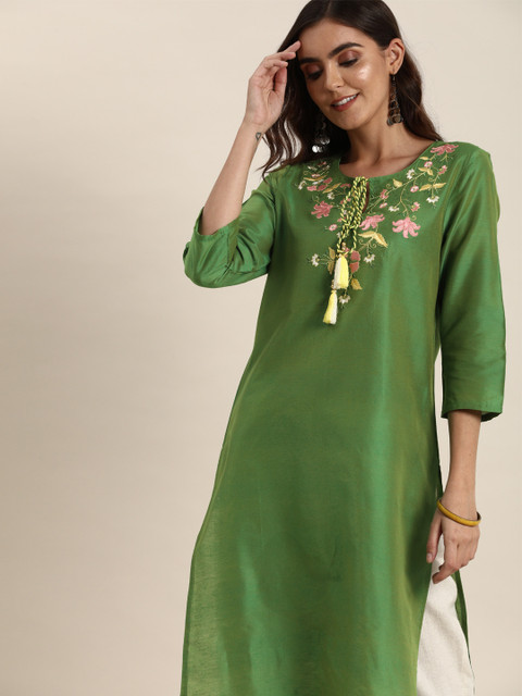 

all about you Women Green Floral Embroidered Floral Kurta