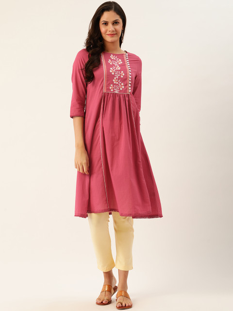 

all about you Women Pink Floral Yoke Design Thread Work Floral Kurta